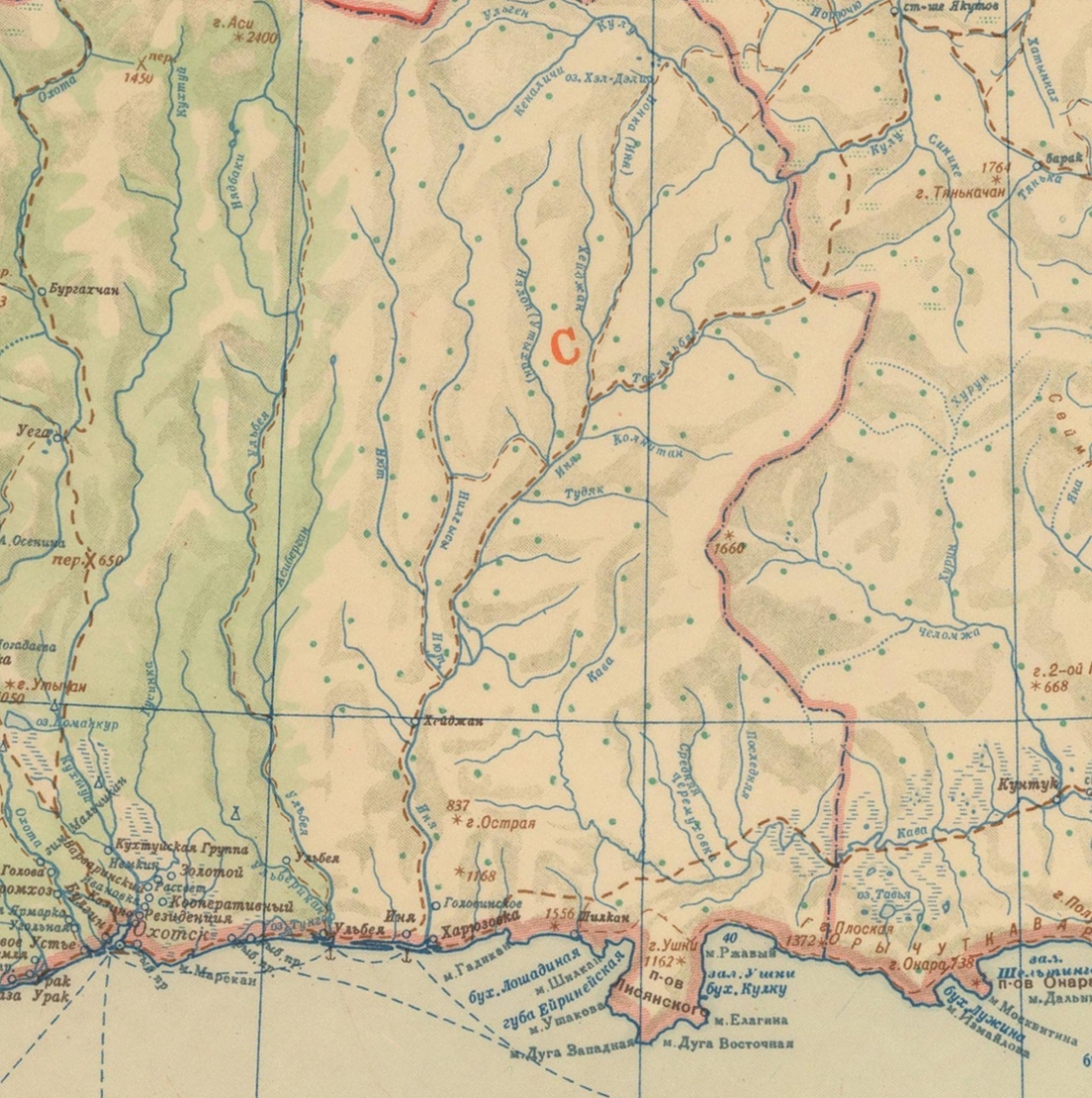 Карта побережья Охотского моря. Район Охотска. 1946 год