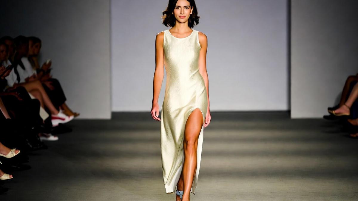 Модель в платье и босоножках идет по подиуму