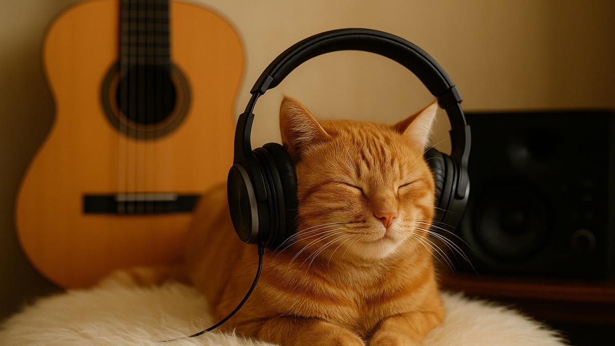 Кошка слушает музыку в наушниках