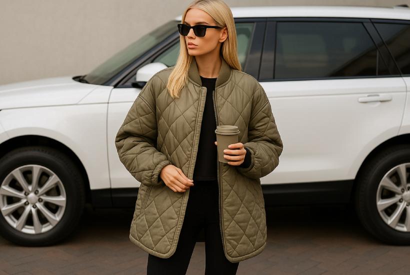 Девушка в стеганой куртке с кофе