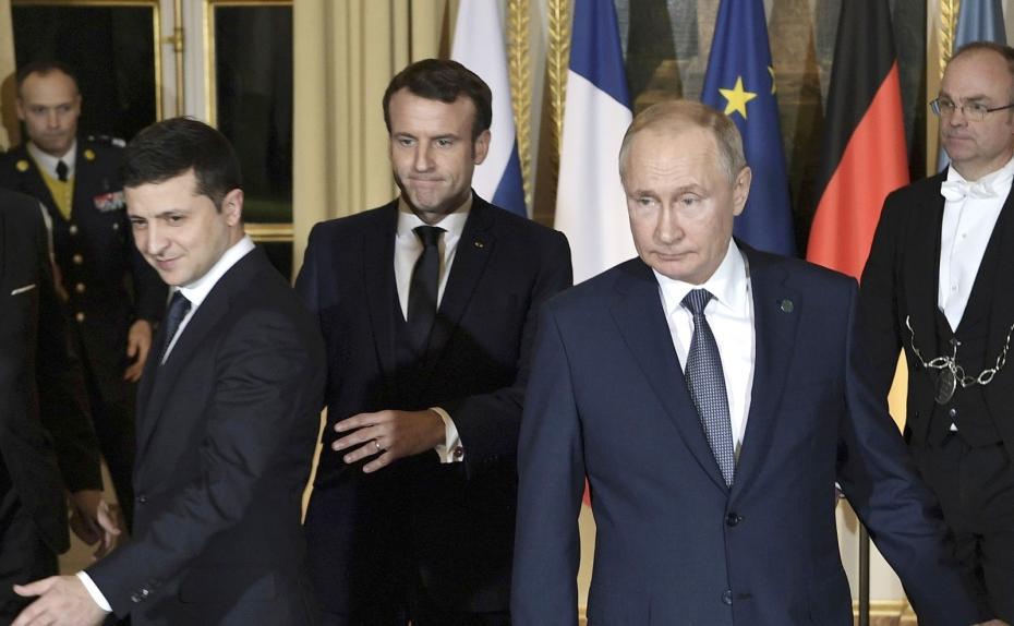 Владимир Зеленский, Эммануэль Макрон, Владимир Путин, 2019 год
