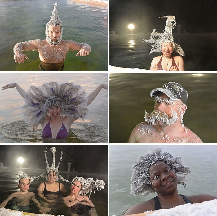 5. Ежегодный конкурс замороженных причесок в Канаде. Конкурсанты плавают в горячих источниках, позволяя ледяному воздуху заморозить их влажные волосы