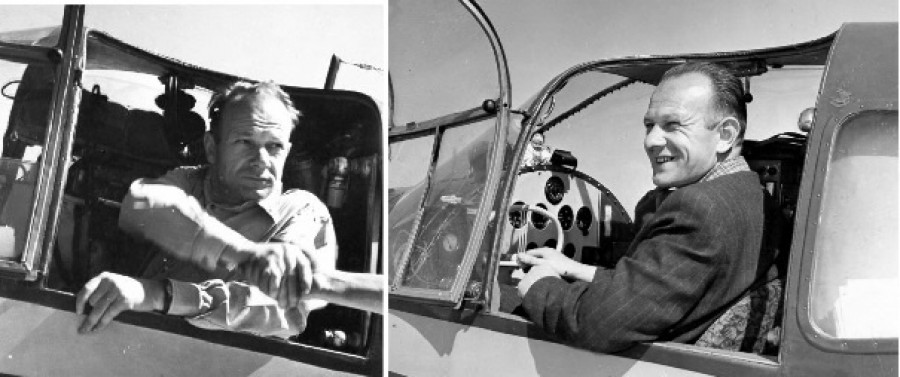 Франтишек Новак перед взлетом 7 сентября 1956 года в аэропорту Брно-Черновице (слева) и в салоне самолета "Сокол М-1С" по возвращении из Кулунды (справа)