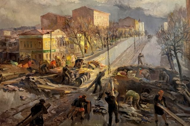 Население Тулы строит укрепления в городе. Картина В. Баюскина, 1942 г.