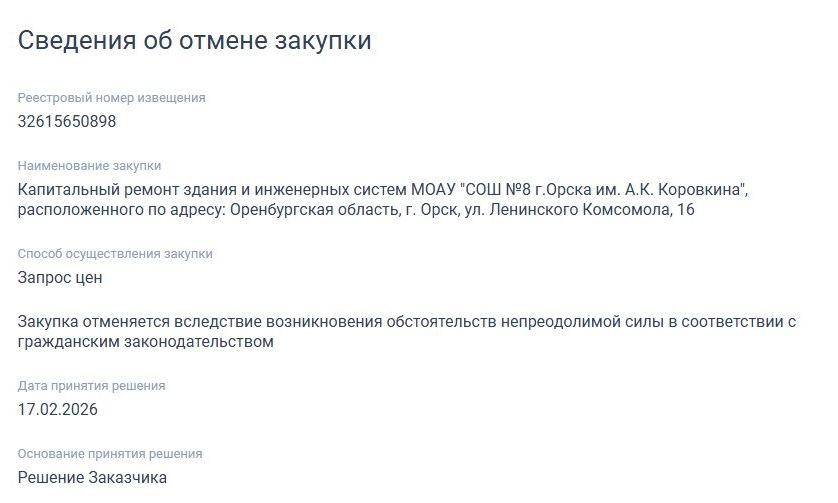 Отмена закупки на ремонт школы №8, фото: сайт Госзакупок