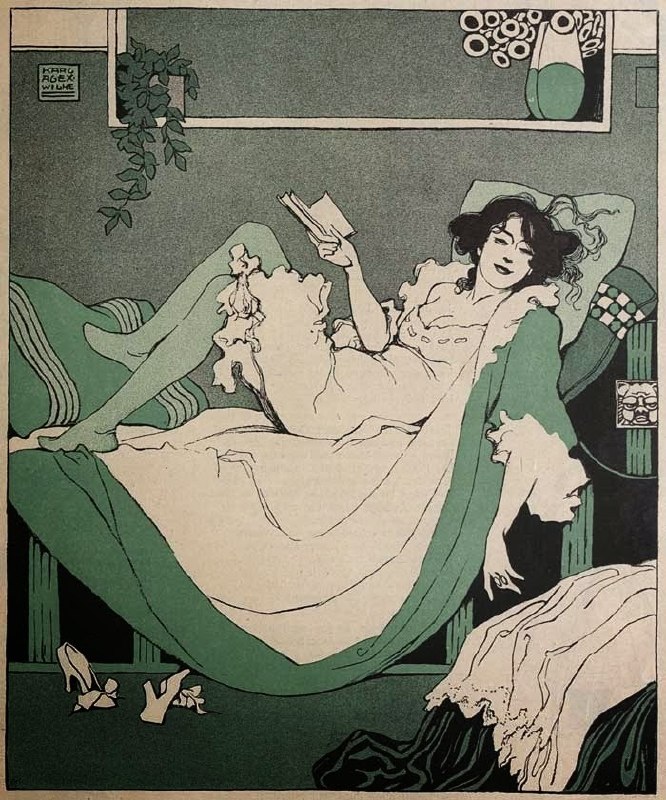 Очаровательная, соблазнительная... и опасная «Женщина, читающая книгу», художник Карл Александр Вильке, югендстиль (нем. ар-нуво), Австро-Венгрия, 1912 г. 