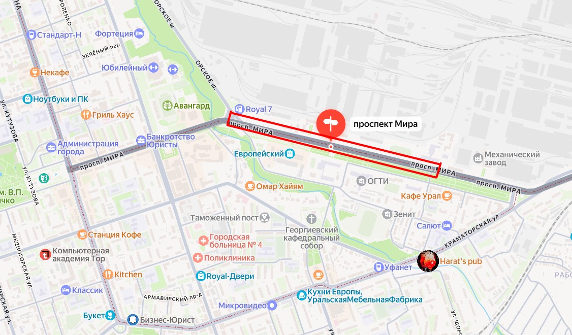 Участок, на котором планируется перекрывать движение, на Яндекс-карте