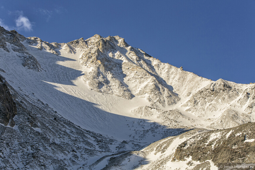Наконец, показалась вершина Мунку-Сардык! Пупырь, который на склоне чуть правее - это Жандарм