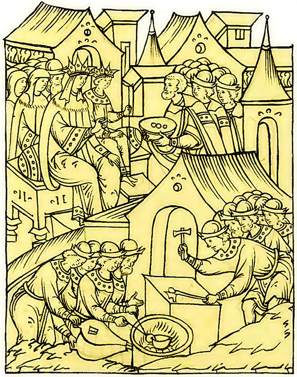 Миниатюра из Лицевого летописного свода XVI века иллюстрирует рассказ о денежной реформе Елены Глинской (1535). В нижней части показана выплавка серебра, из которого затем чеканят монеты. Вверху на троне сидят Елена Глинская и ее сын Иван, которым демонстрируют готовые монеты