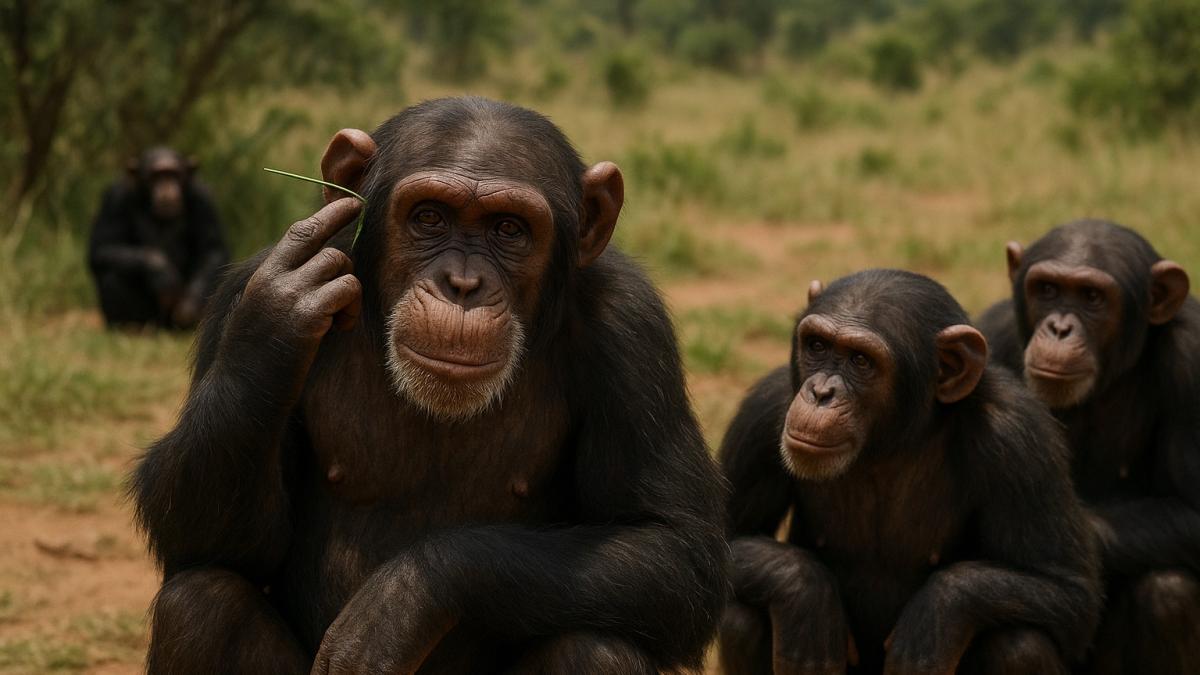 Шимпанзе с травинкой в ухе