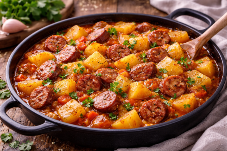 Вкуснота для зимнего обеда: тушеная картошка с охотничьими колбасками — гениально и просто