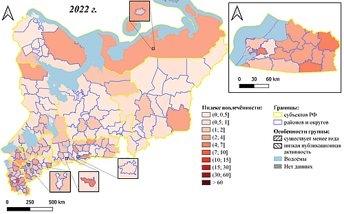 Со временем закономерно происходит снижение индекса, поэтому в 2022 г. муниципалитеты окрашены в более светлые цвета