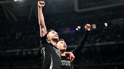 Футболисты «Арсенала» Деклан Райс и Габриэль Мартинелли