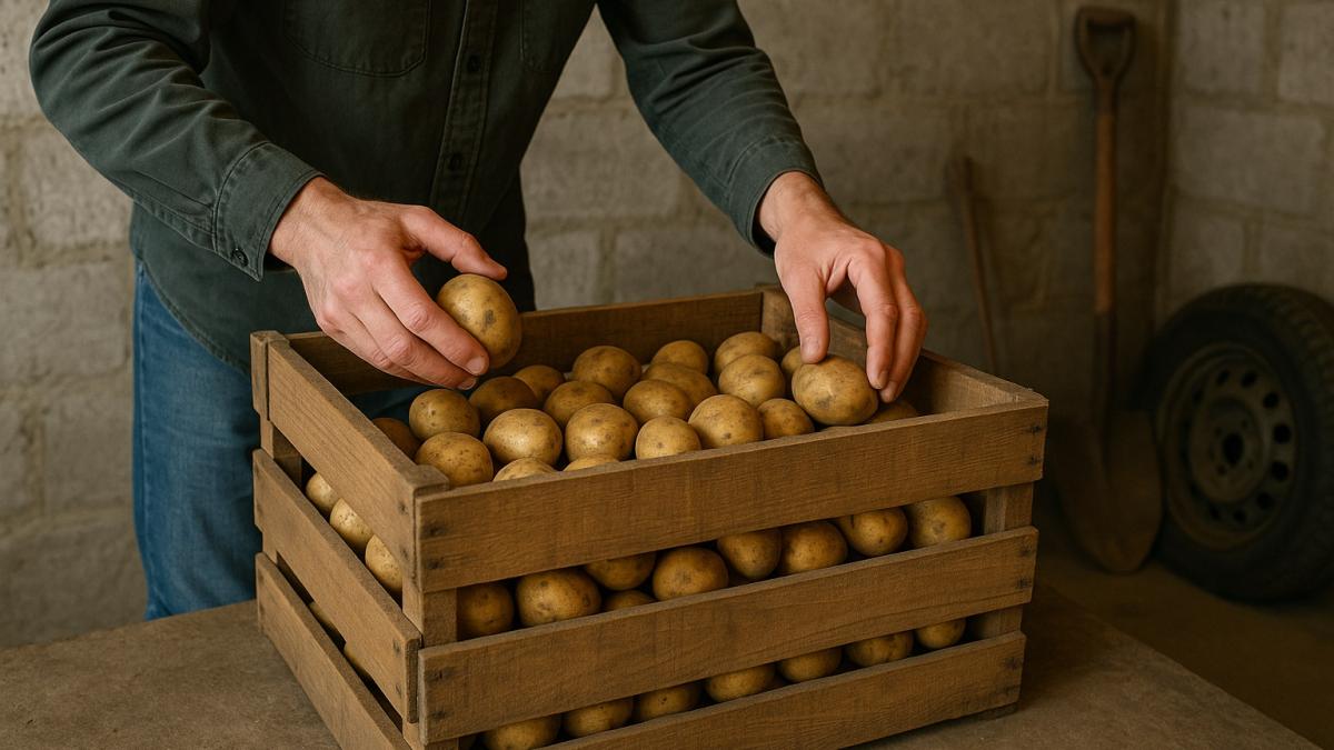 Человек укладывает картошку