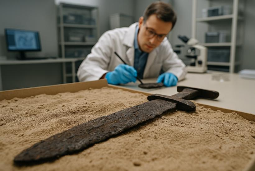 Археолог изучает находку в лаборатории