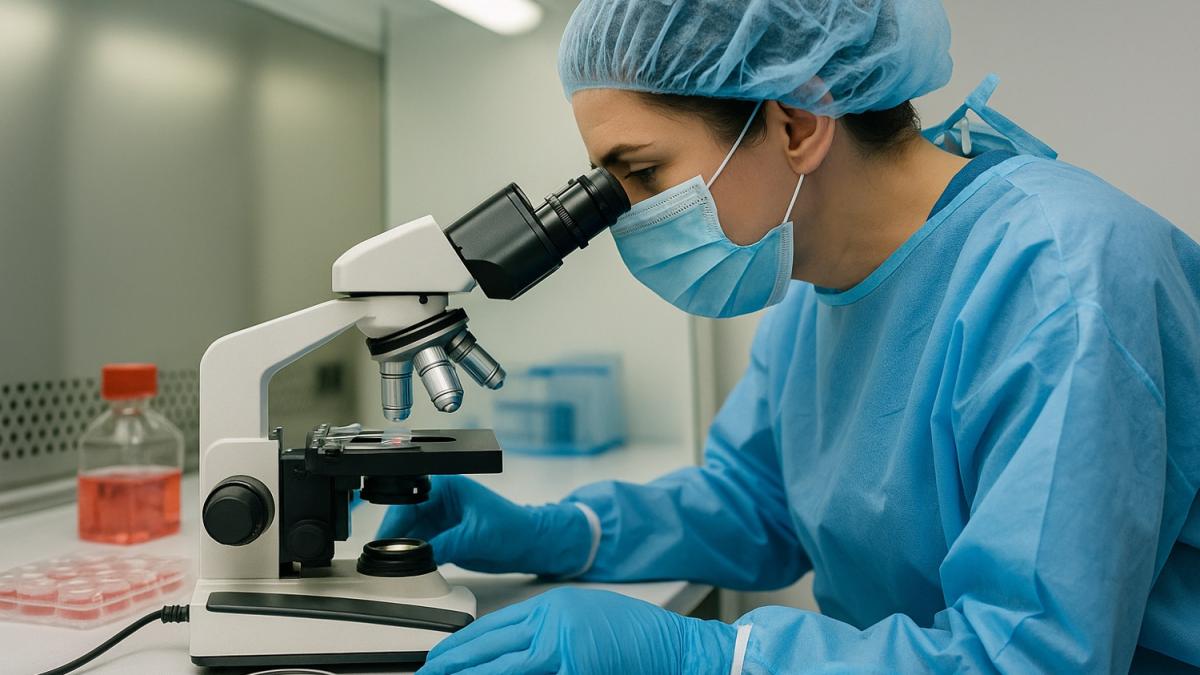 Учёный в лаборатории с микроскопом
