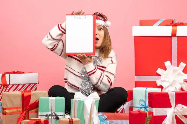 Front view young female sitting around xmas presents