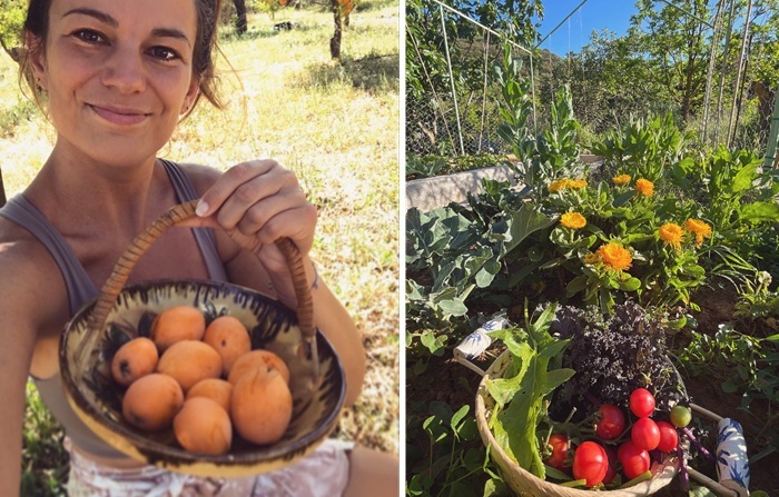 Элизабет наслаждается вкусом выращенных фруктов и овощей.