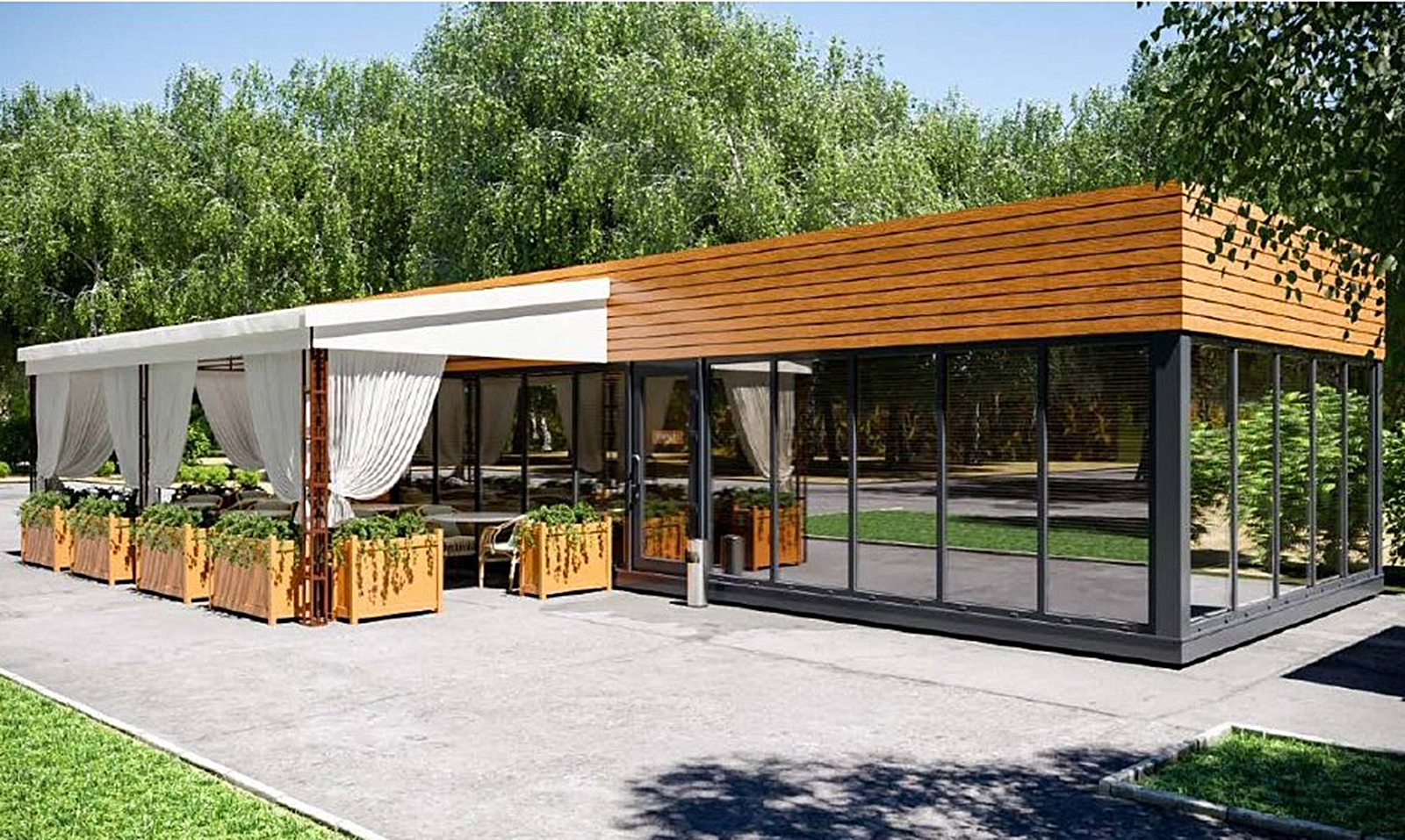 Павиль. Павиль. Строительный магазин снаружи. Стильный павильон. Навес для бассейна раздвижной.