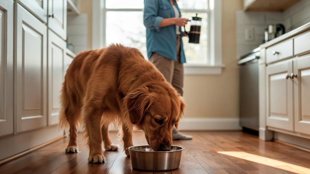 Собака пьет воду на кухне