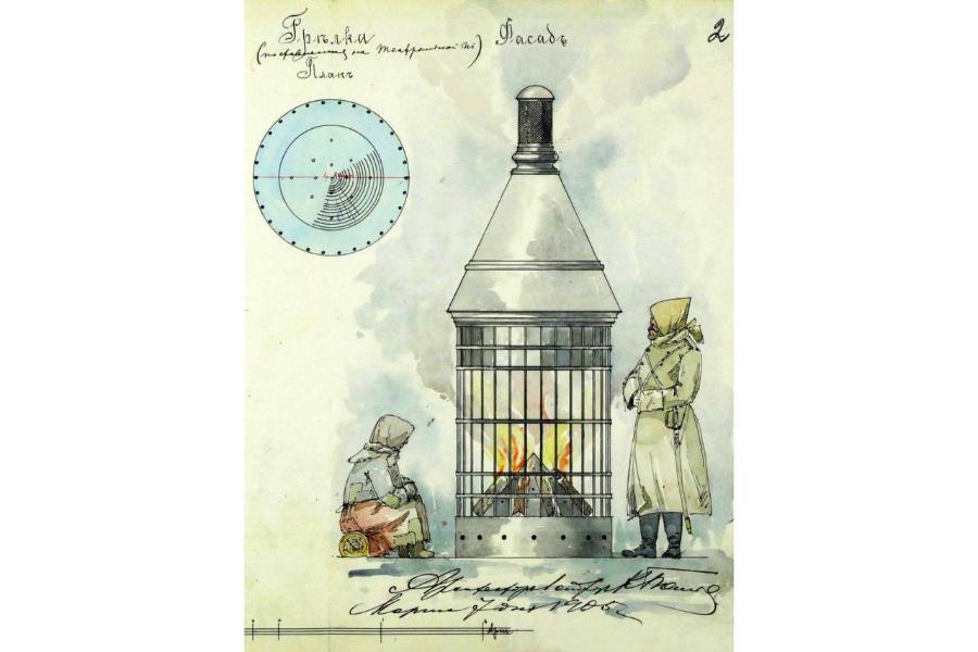 Замерзший городовой на чертеже: как в Петербурге 1906 года утеплялись на улицах | На чертеже Карла Бальди грелка представляет собой простую переносную конструкцию высотой около трех метров, состоящую из металлической клетки, перекрытой конусом из листов железа./Из фонда ЦГИА СПб