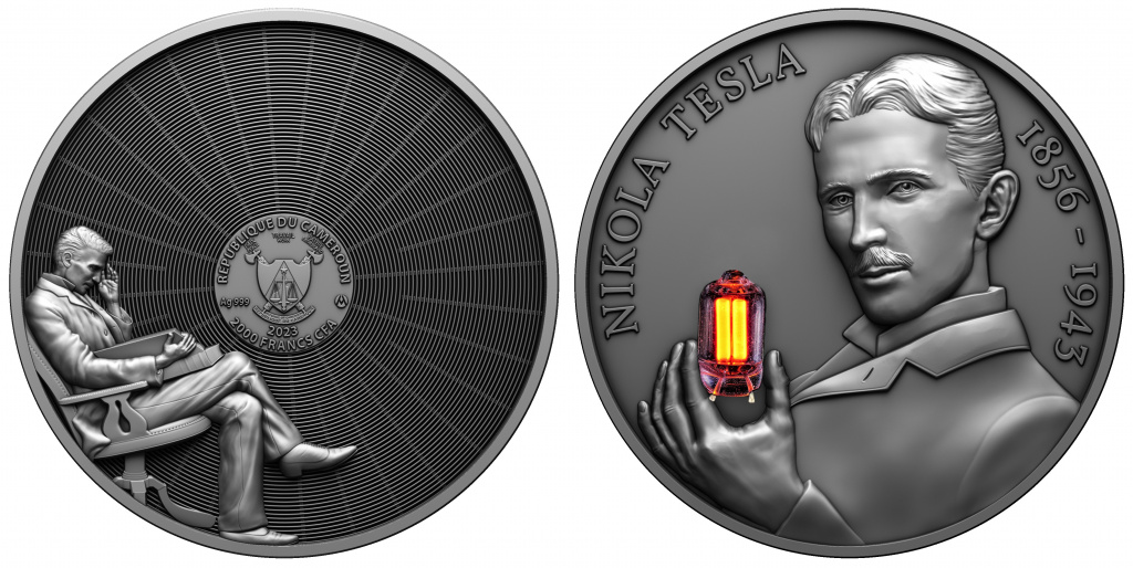 Никола Тесла с лампочкой на коллекционной монеты. Art Mint