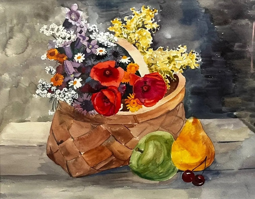 Л.С. Яркина «Корзина». Акварель. 2010. Правообладатель: пресс-служба Фонда «Общество поощрения художеств».
