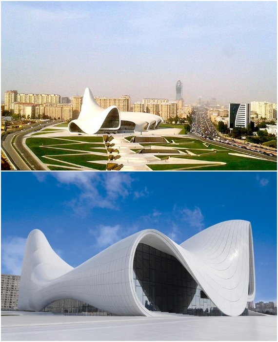  Футуристическое архитектурное чудо привлекает внимание своими формами, масштабом и новизной (Heydar Aliyev Center, Азербайджан).
