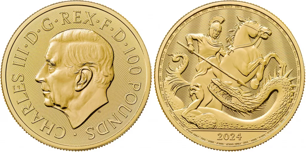 Золотая монета «Георгий Победоносец и Дракон» достоинством 100 фунтов. Великобритания