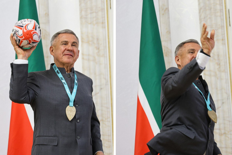 Такого броска никто не ожидал! Регбийный мяч, который подарили Рустаму Минниханову, раис отправил прямо в зал. Мяч пролетел несколько метров и приземлился точно в руки сидевшего в первом ряду министру спорта РТ Владимиру Леонову