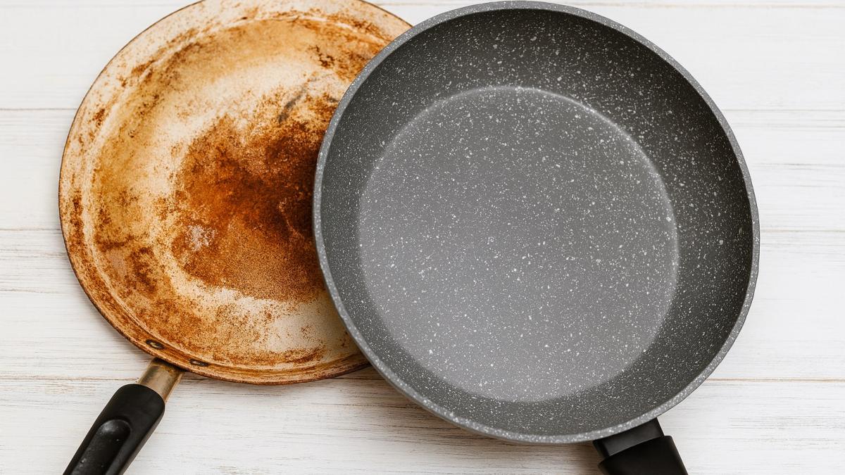 Чистая и грязная сковороды на столе
