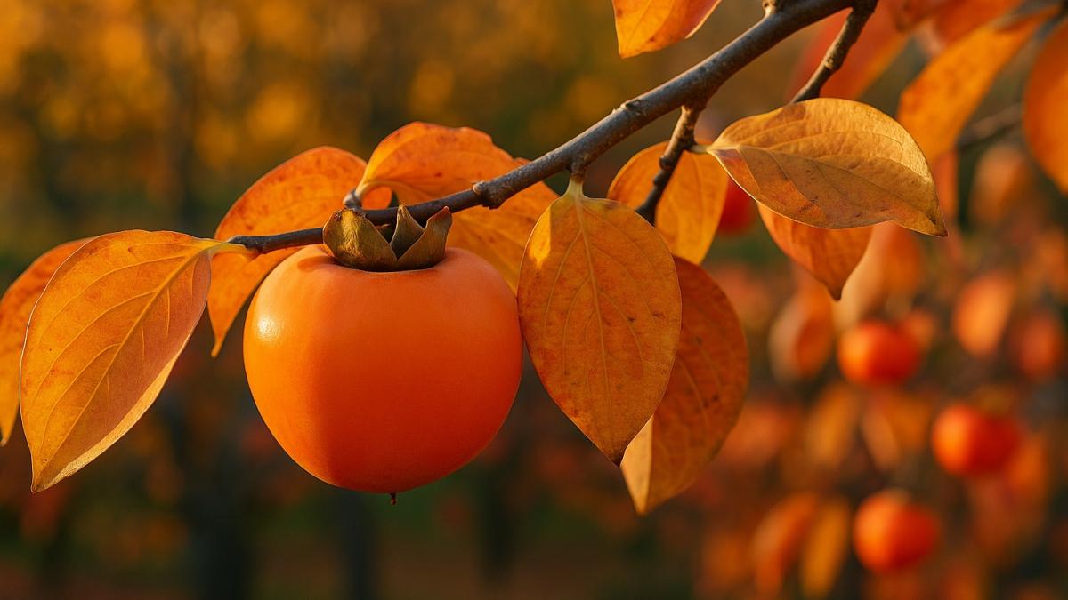 Хурма среди осенних листьев