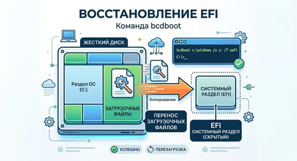 Схема пересоздания скрытого раздела EFI через команду bcdboot для понимания процесса ручного восстановления загрузочных записей Windows.