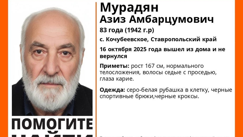 Пенсионера в серо-белой рубашке в клетку и чёрных кроксах ищут на Ставрополье 