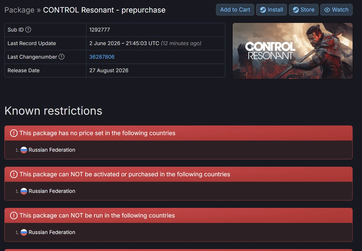 И опять русофобия... Control Resonant полностью закрыта от России силами Remedy