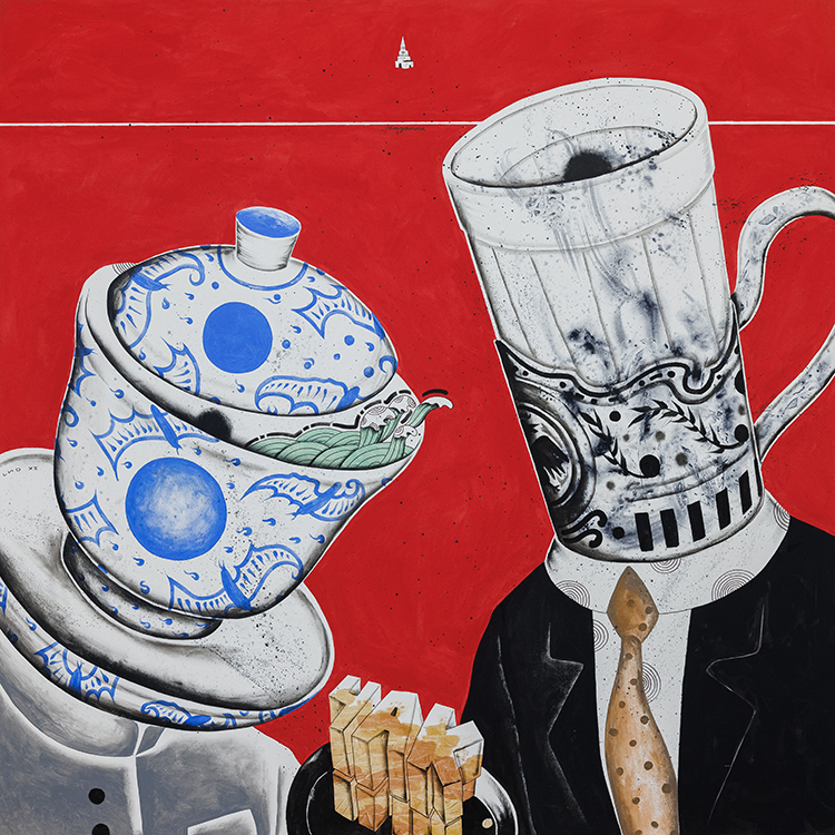 «В одной из картин заметно, что два моих персонажа (один символизирует Китай, другой — Россию) с любопытством указывают на чак-чак, будто бы находясь на экскурсии по Казани. Чак-чак таким образом становится архитектурной достопримечательностью!»