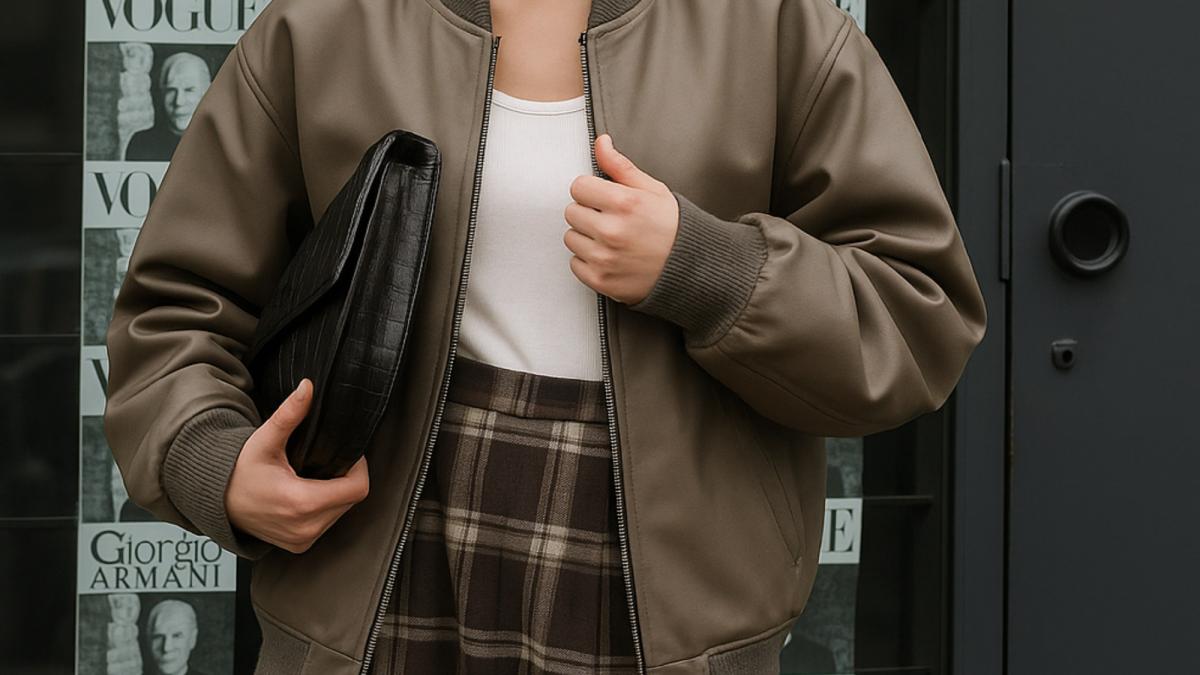 Женщина в осеннем образе с клетчатой юбкой