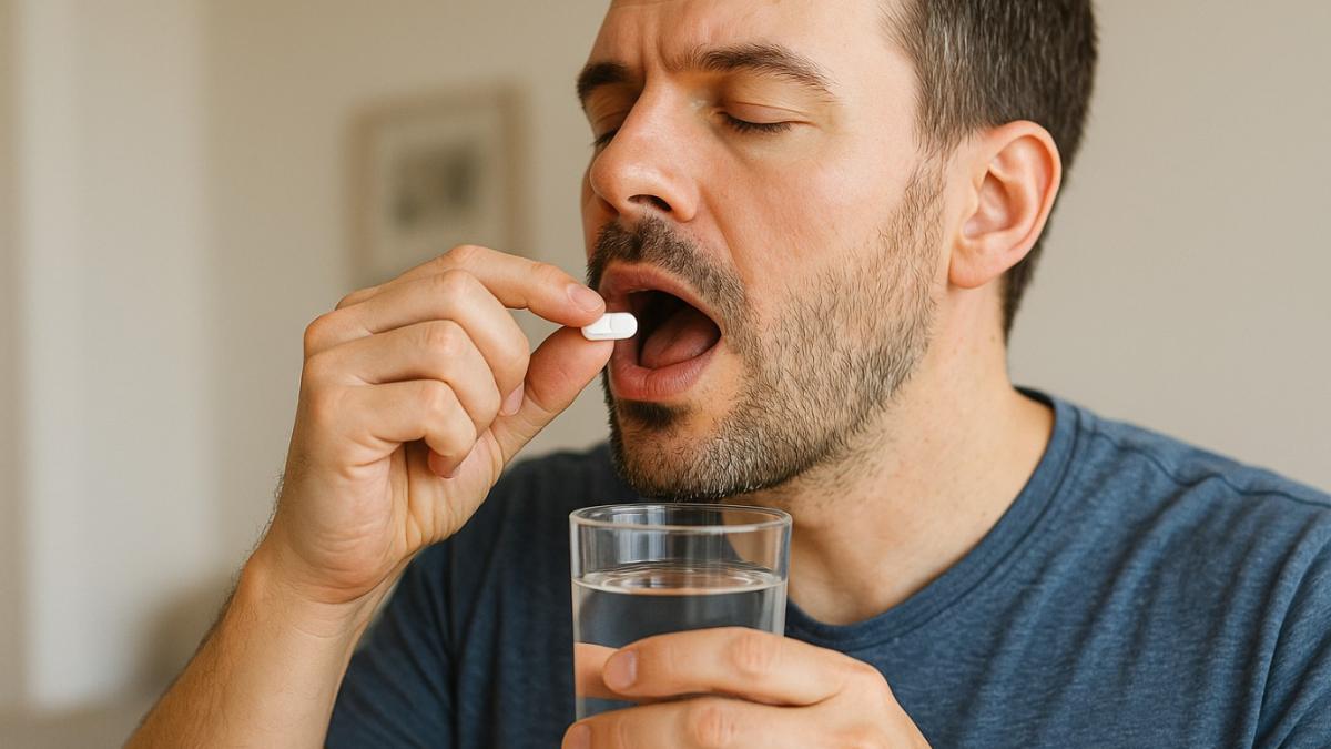 Мужчина принимает таблетку
