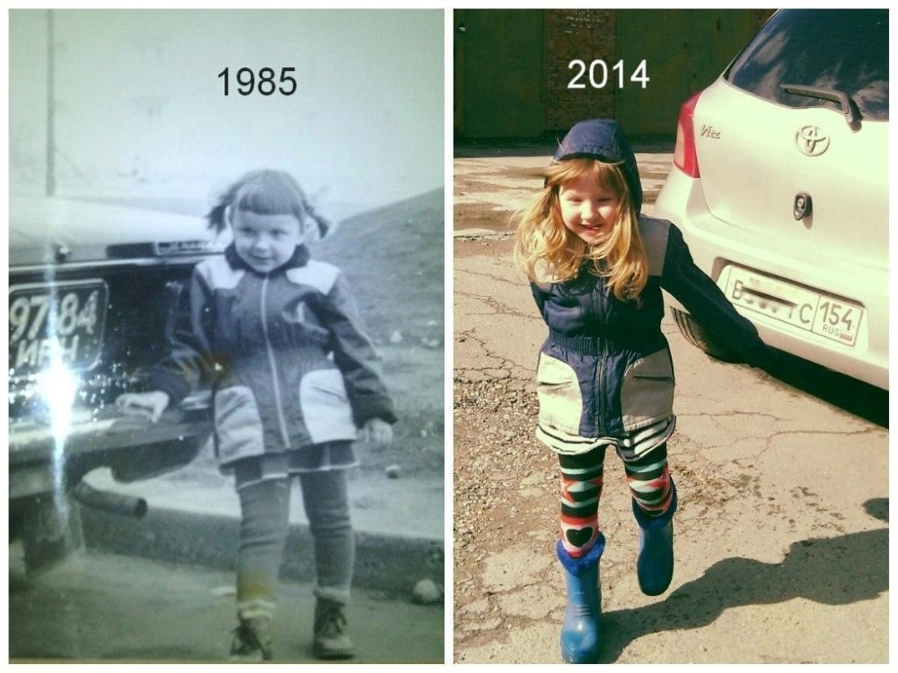 Алена на фото немного старше мамы, но сходство есть. Куртка та же: хранили все эти годы