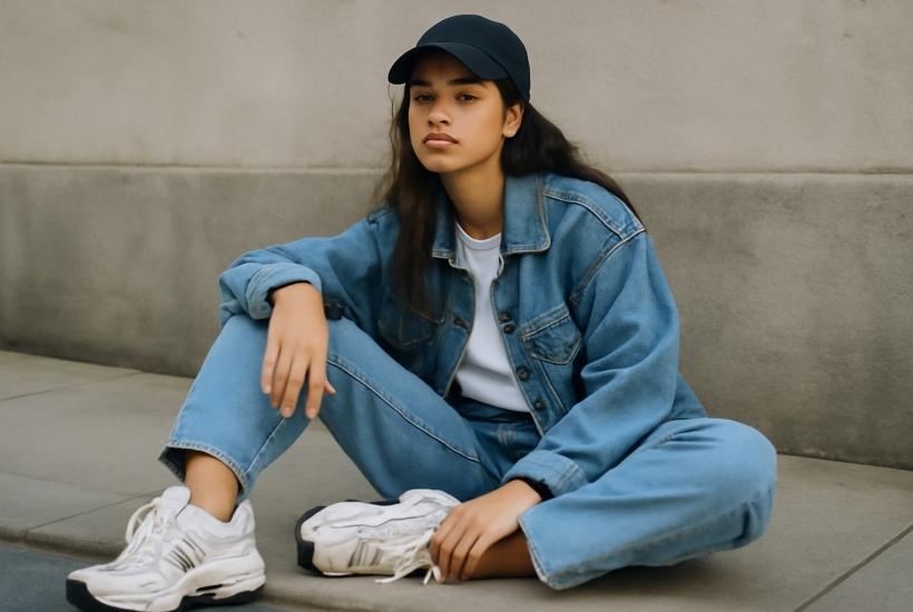 Девушка в кроссовках в стиле dadcore
