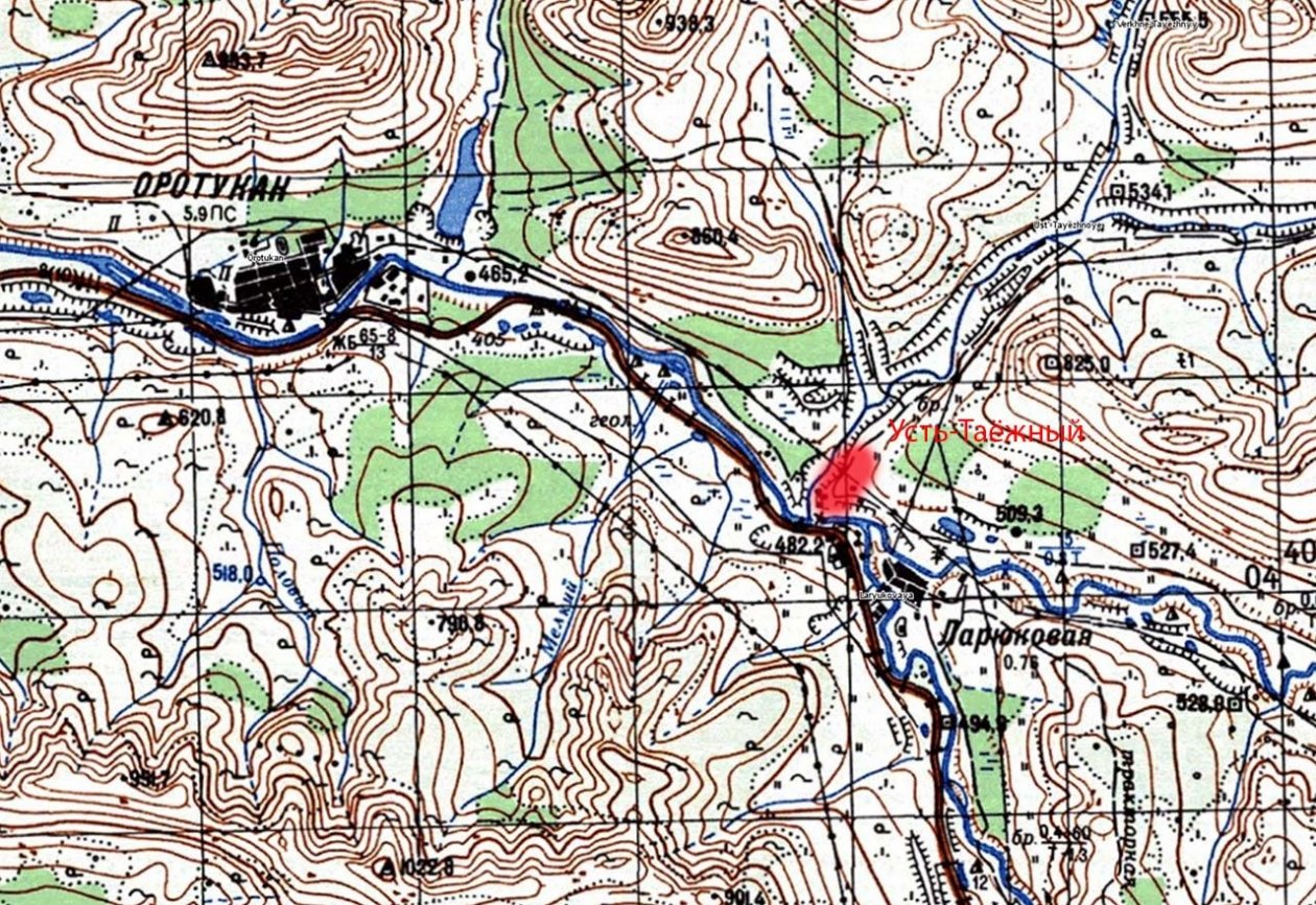 Красным отмечено примерное расположение посёлка Усть-Таёжный kolymastory.ru