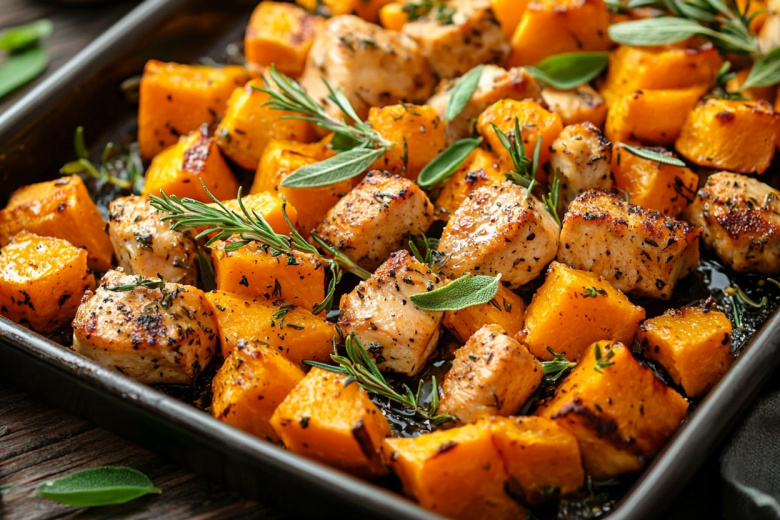 Осенний ужин за 20 минут: запеченная тыква с курицей и свежей зеленью