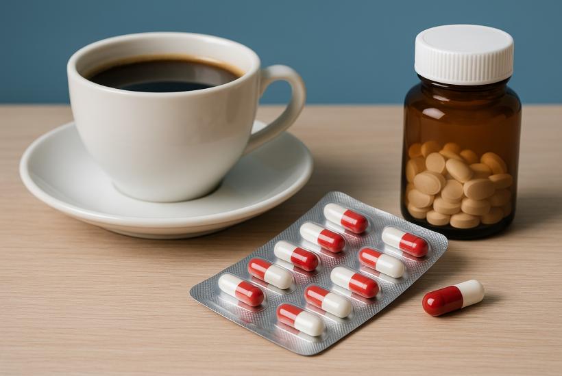 Чашка кофе и лекарства на столе