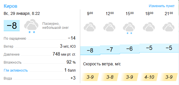 Небольшой снег. Облачная погода. Погода Киров. Температура на 29 января.