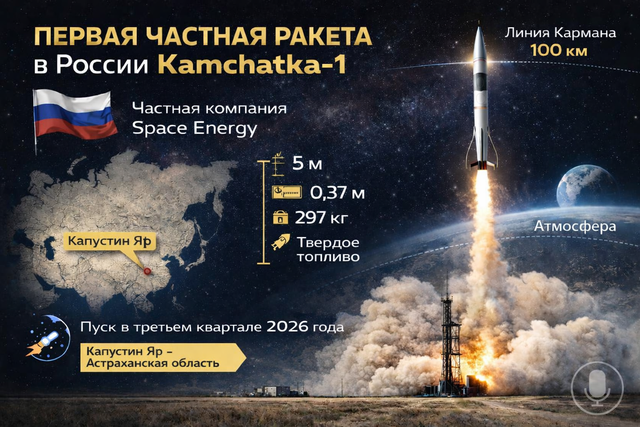 Инфографика частной ракеты Kamchatka-1 компании Space Energy с параметрами запуска и характеристиками