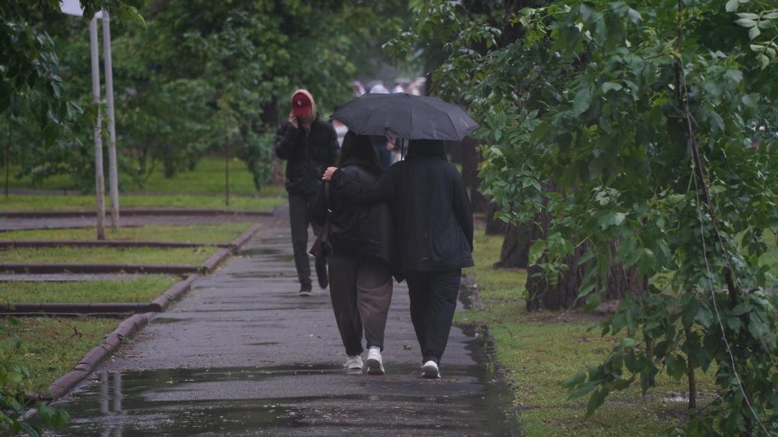 Женщины с зонтом идут по улице под дождем
