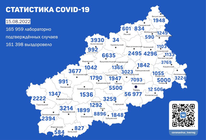 Карта коронавируса в Тверской области к 15 августа 2022 года