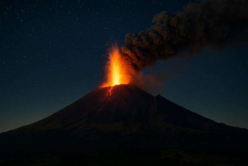 Ночной вулкан извержение