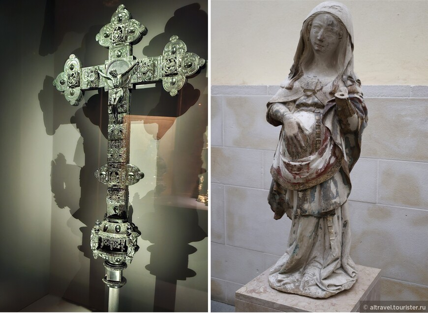  Слева - процессионный крест. 1682. Позолоченное серебро. Справа - Беременная Мадонна. 14-й век. Мастер Перо. Полихромный известняк. Поступления в музей из Старого собора Коимбры.