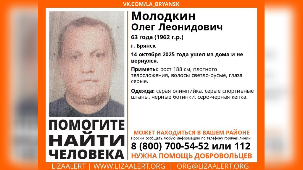В Брянске пропал без вести мужчина 63 лет